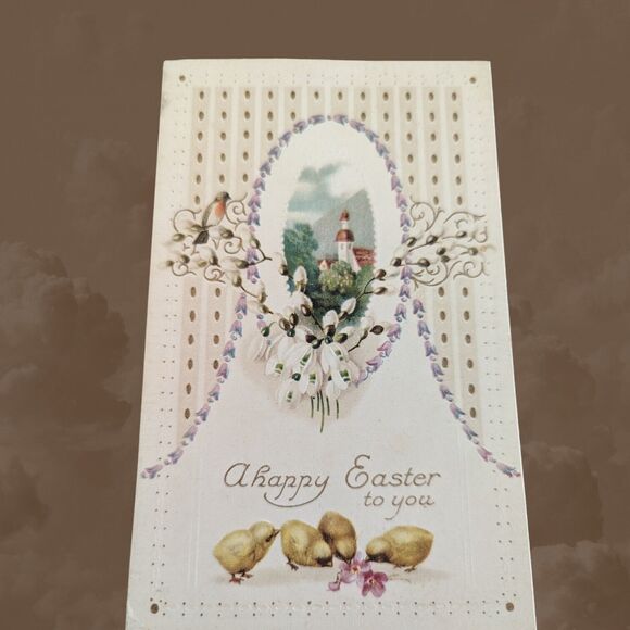 Vintage Postcard A Happy Easter Flowers Church Chicks Stamp 1914 Denver Postmark - Picture 1 of 10